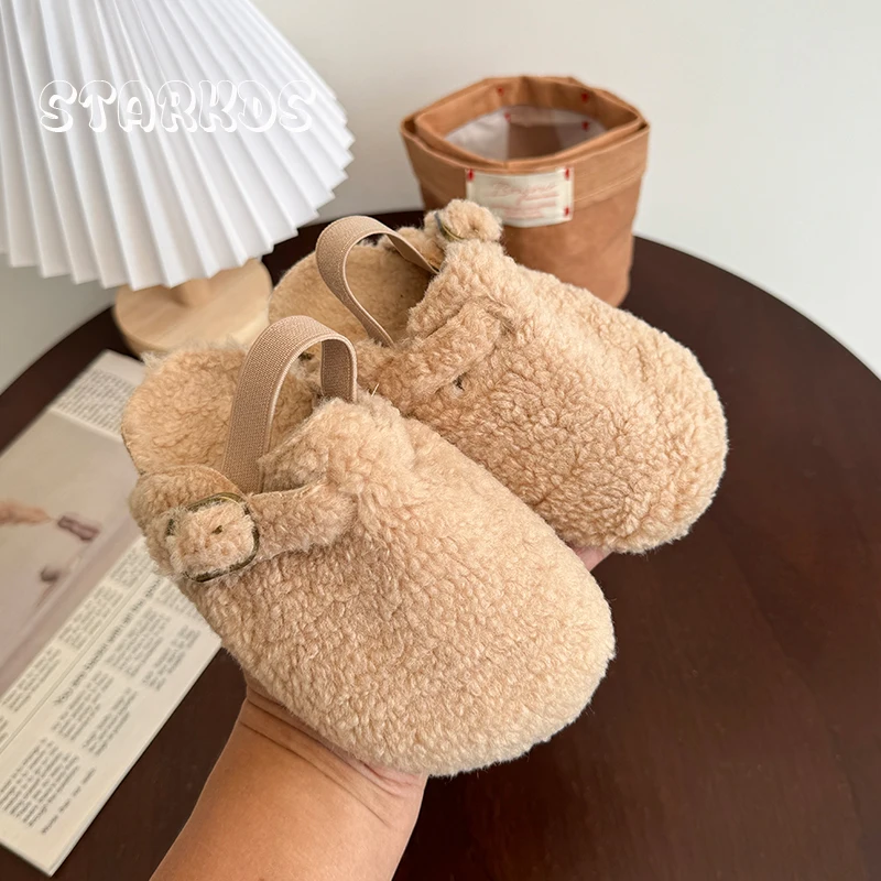 Warm Shearling Birken Clog Sandals Baby Girl Brand Design Lambswool Mules Toddler Kid Soft Cork Sole Elasic Band Fur Slide Shoes 2