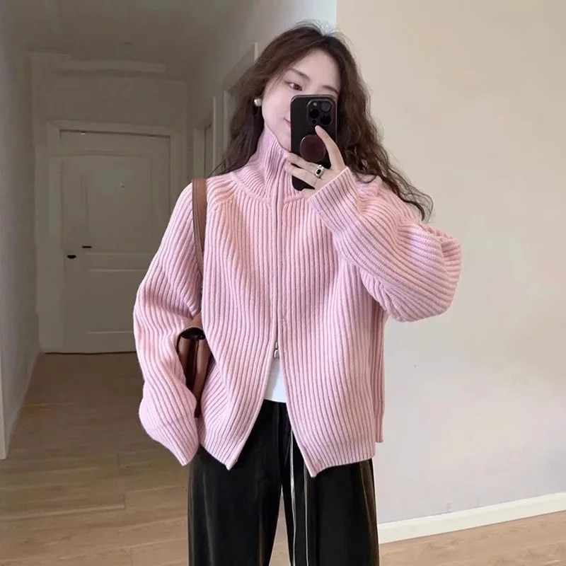 

Korean Double Zipper Pink Sweater Women Stand Up Collar Sweet Temperament Lazy Gentle Solid Winter Vertical Grain Lady Coat Top