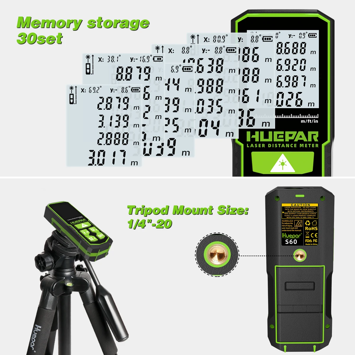 Huepar 60m/100m/120m Laser Rangefinder Digital Red Laser Distance Meter With LCD Screen Area And Volume Measurement Function S60