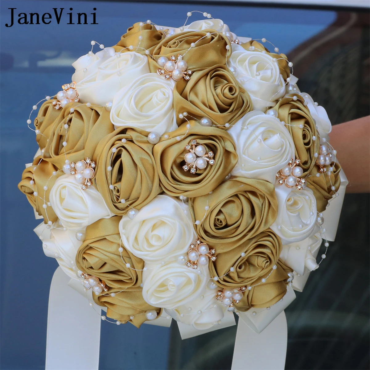 

JaneVini Luxury Gold and Ivory Wedding Bouquet with Pearls Beaded Satin Roses Bridal Flowers Bouquet Fleur Exotique De Mariage