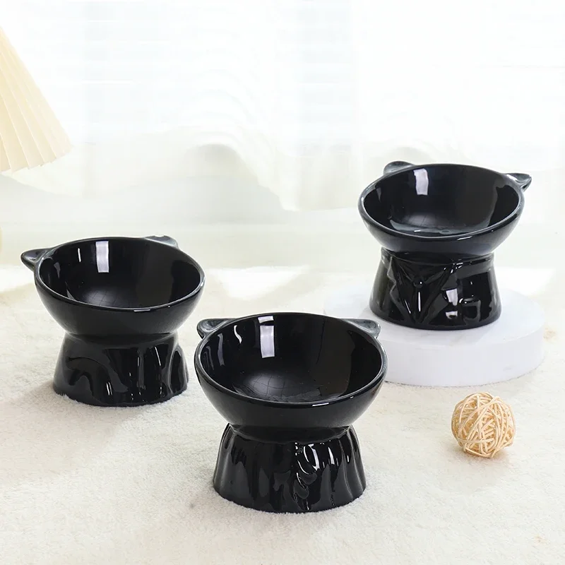 Ceramic Cervical Protection Bowl Drinking Water Slanted Eating Basin High Feet Tall Dog Cat Bowl Tableware Pet Product Black 1Pc