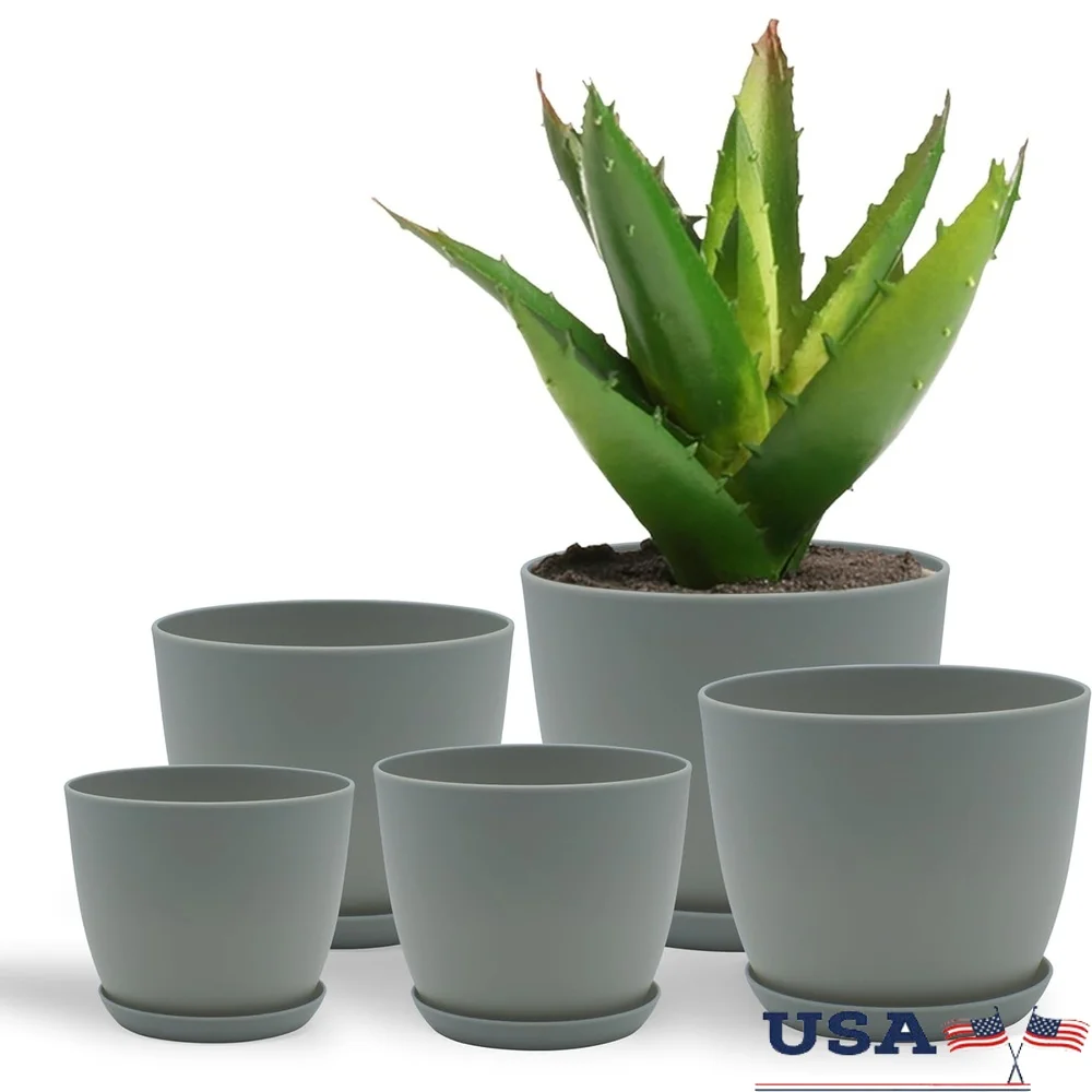 Stackable Plastic Plant Pots with Drainage Set of 5 Indoor Outdoor Planters Durable Garden Containers Succulents Flowers