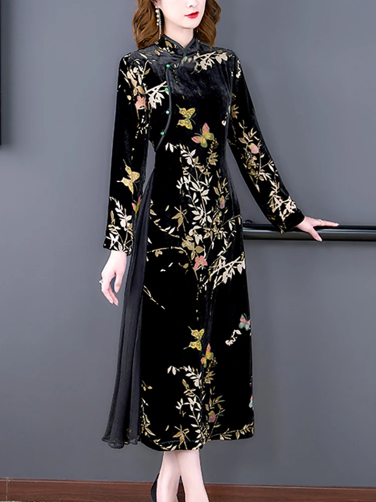 Black Velvet Floral Embroidered Midi Dress