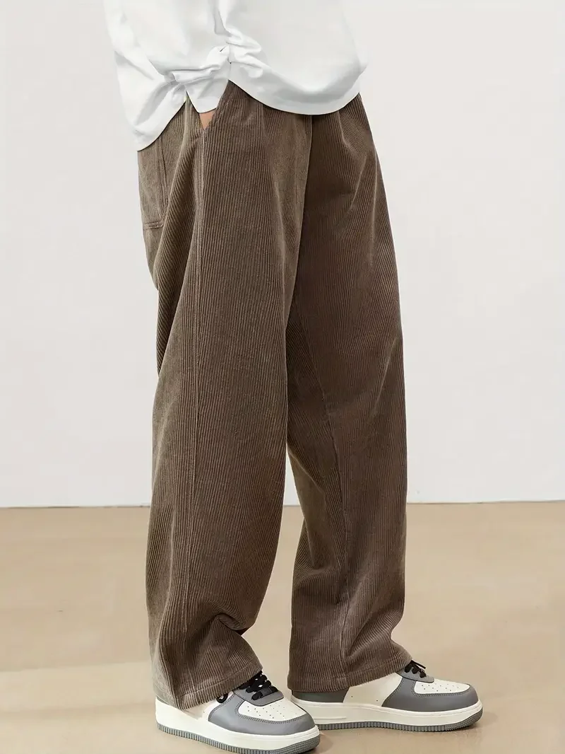 Autumn and winter men's corduroy casual pants with leather label decoration solid color pockets straight leg pants men trousers