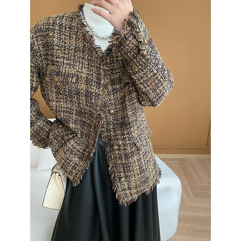 

V-neck Tassel Tweed Casual Coat Women's Simple Weaving Small Fragrance Fashion Long Sleeve Elegant Brown French Coat Outwear