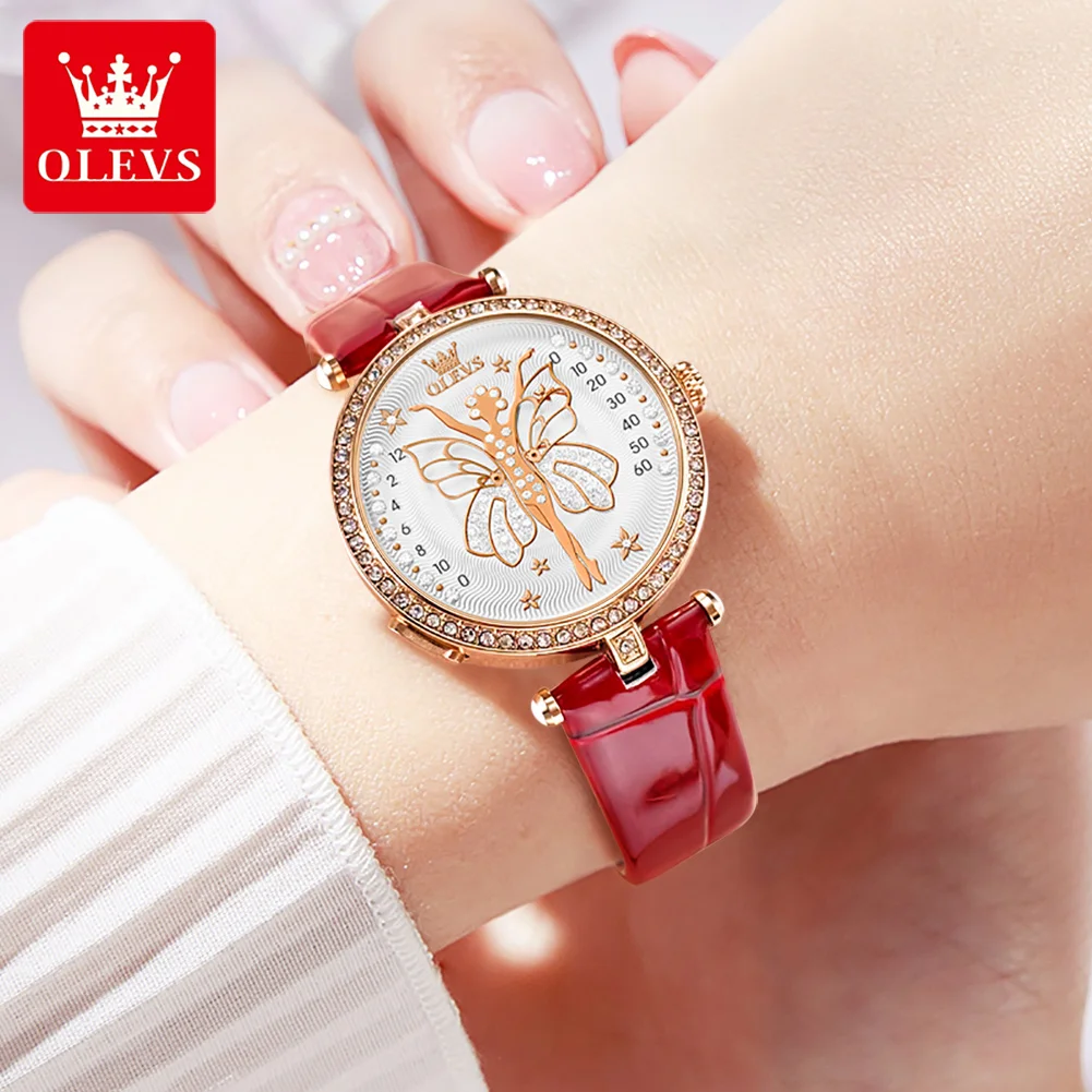 

OLEVS 5576 New Imported Quartz Movement Watch Women Leather Strap Angel Wings Original Fashion Elegant Ladies Dress Wrist Watch