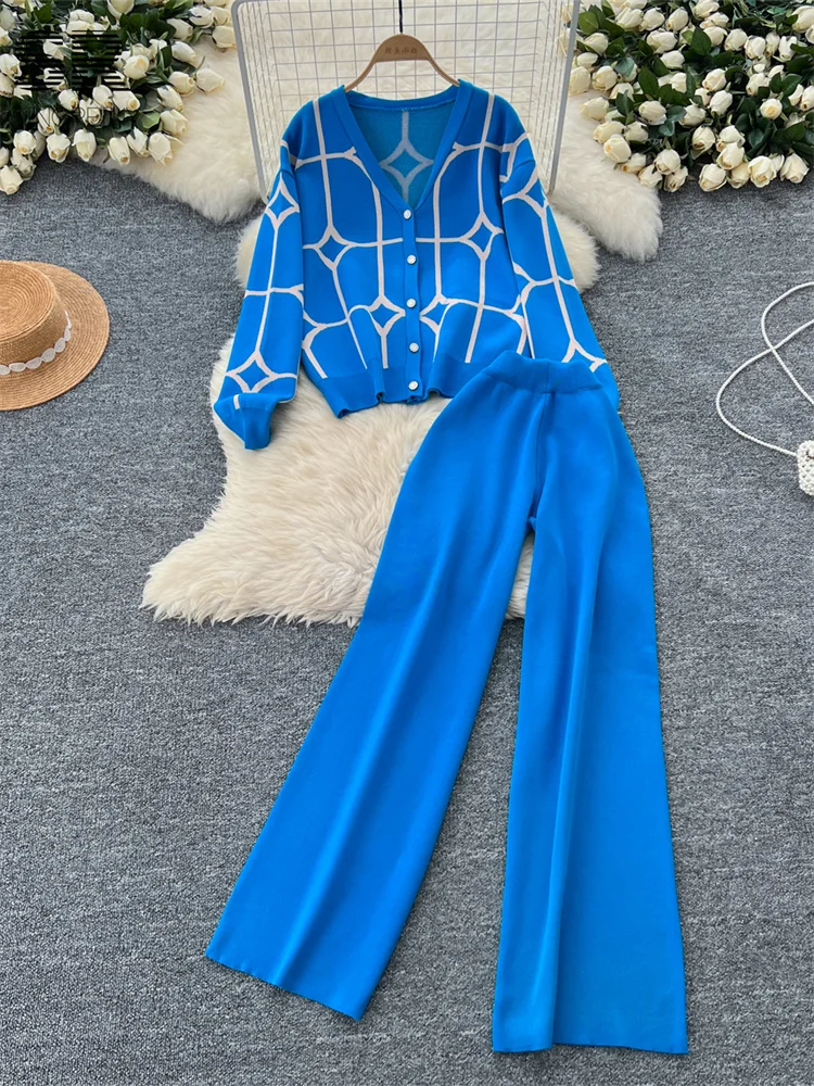 SINGREINY Basics Print Knit Two Pieces Sets Autumn Winter Single Breasted Cardigan+Wide Leg Long Pants Fashion Streetwear Suits 4