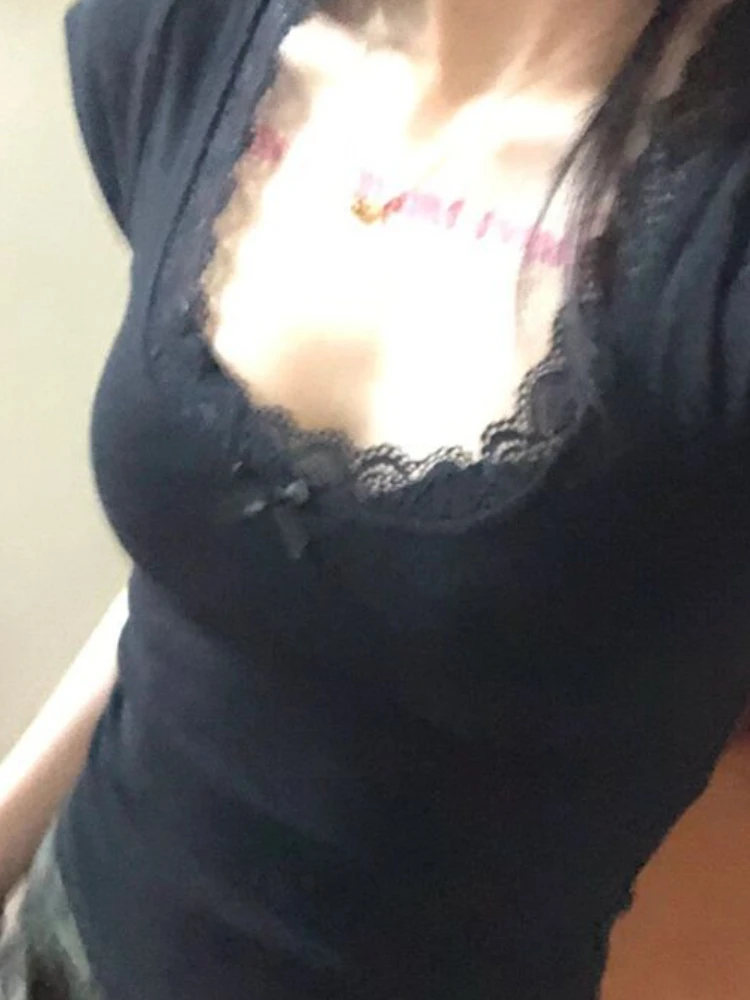 2026 Y2k Lace Patchwork Crop Top Aesthetic Streetwear Harajuku Women Vintage U Neck T-shirt Bow Bottoming Grunge Black Basic Tee 6