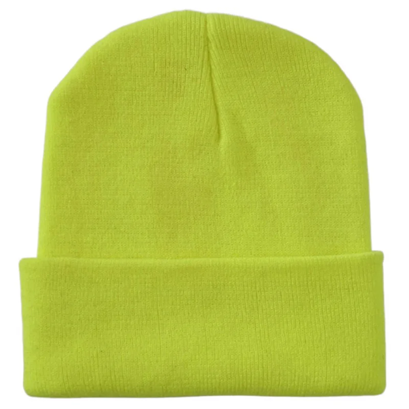 Plain Knit Skull Hats Men Women Cuffed Beanie Cap Stretchy Lightweight Acrylic Yarns Neon Yellow Neon Green Orange Brown Black