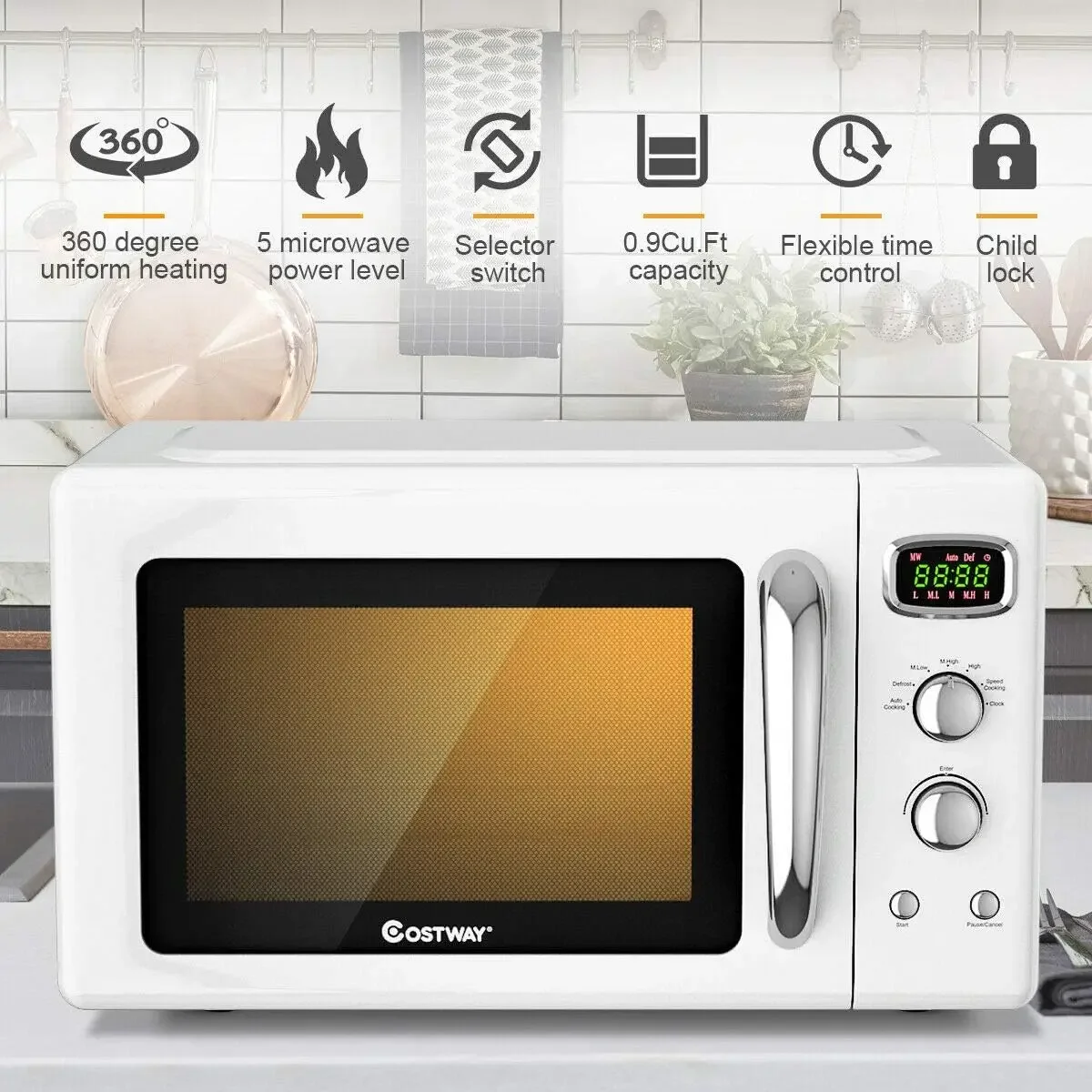 Retro Countertop Microwave Oven, 0.9Cu.ft, 900W Microwave Oven, with 5 Micro Power, Defrost & Auto Cooking Function, LED Display 2