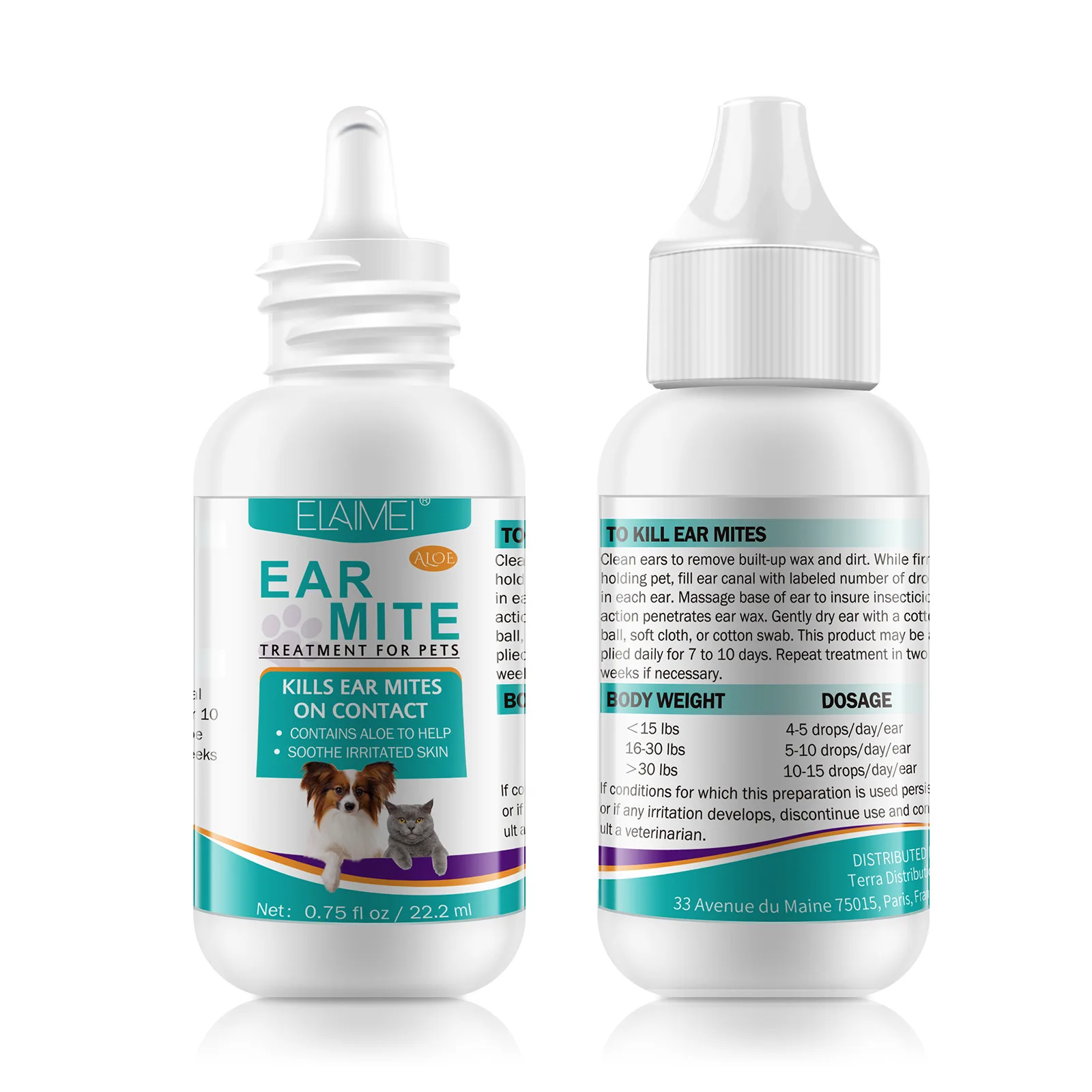 22ML Pet Aloe Ear Mite Oil Repel Ear Mites ANTI-FUNGAL ANTI-MICROBIAL Earwax Ear Cleanser for Dogs and Cats