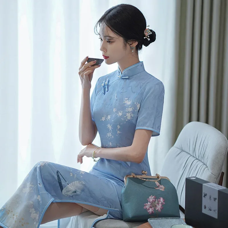 

Новинка 2024, весеннее длинное традиционное китайское платье-Ципао, винтажное платье-Ципао с принтом для девушек