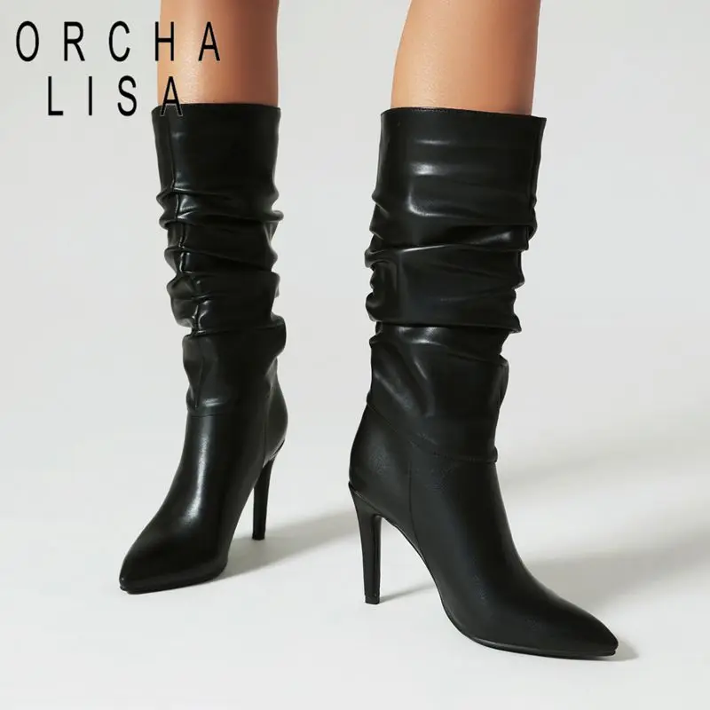 

ORCHA LISA Women Mid Calf Boots Pointed Toe Stiletto Thin High Heel Slip On Pleated Plus Size 46 Sexy Party Female Bota Winter