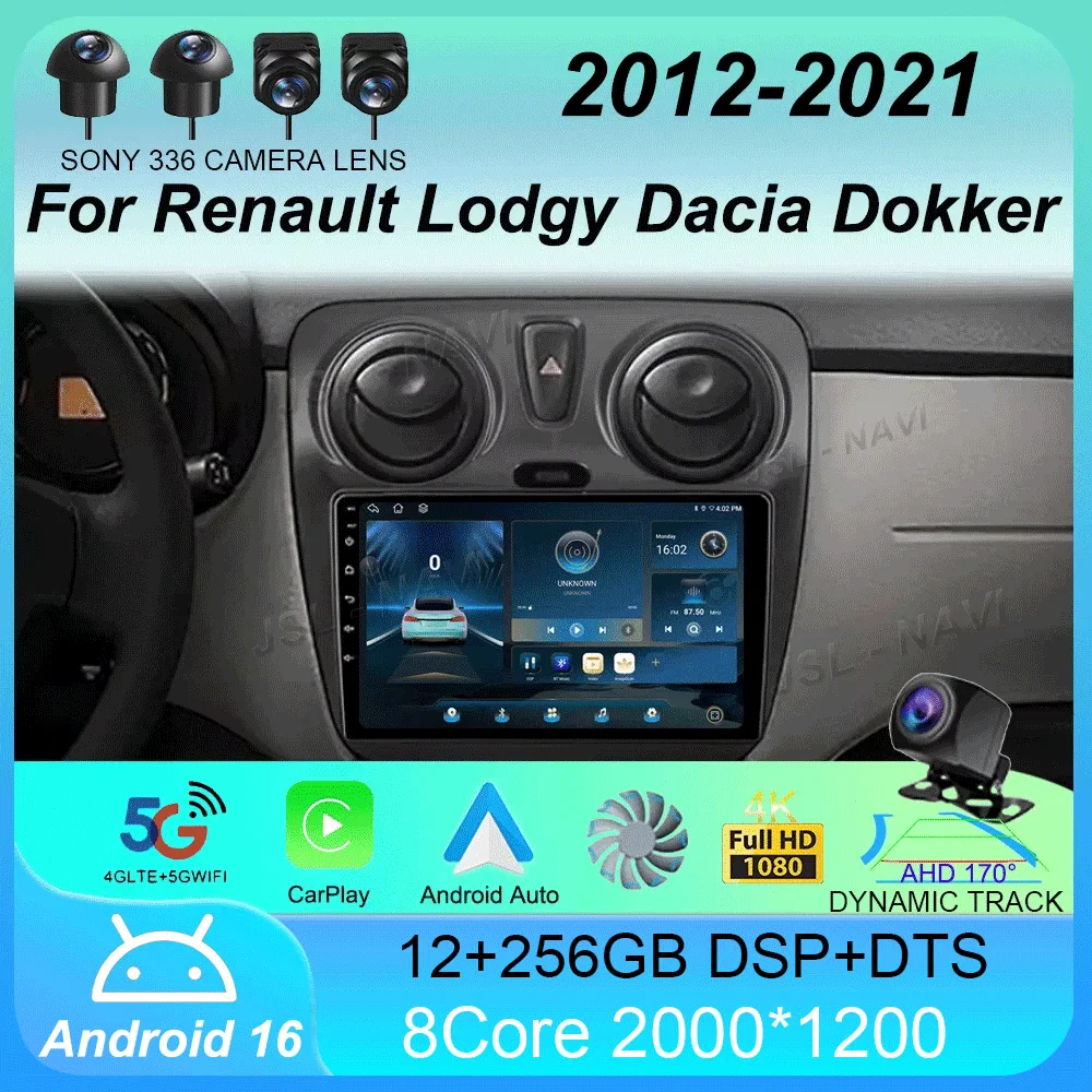 Radio Multimedia Android 16 para Renault Lodgy Dacia Dokker 2012 2013 2014 - 2021, Autoradio 2 Din, Auto Carplay, 4G WIFI, Estéreo 1