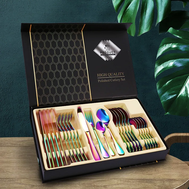 

24Pcs Cutlery Set Stainless Steel Knife Fork Spoon Tableware Flatware Set Festival Kitchen Dinnerware Gift