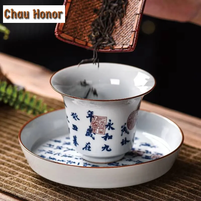 160ml Chinese Lan Ting Preface Gaiwan Zen Calligraphy Ceramic Bowl with Lid Tea Tureen Tea Brewing Cover Bowl Accessories Craft