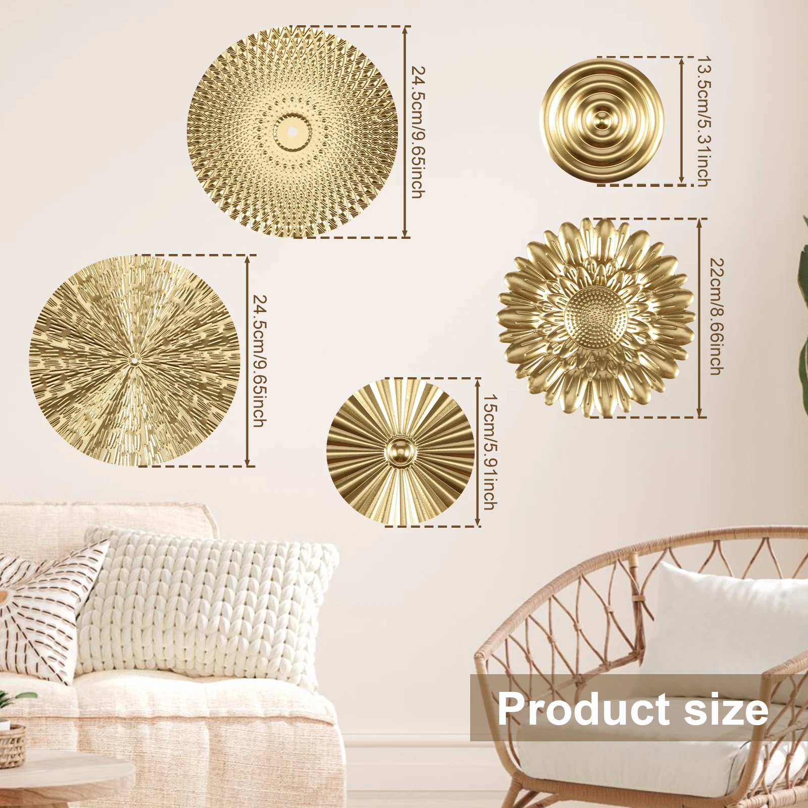 3/5 Pcs Metal Decor Disc Round Golden Wall Decoration Wall Mounted Round Plate Pendant Detachable Decor Disc for Home Decoration