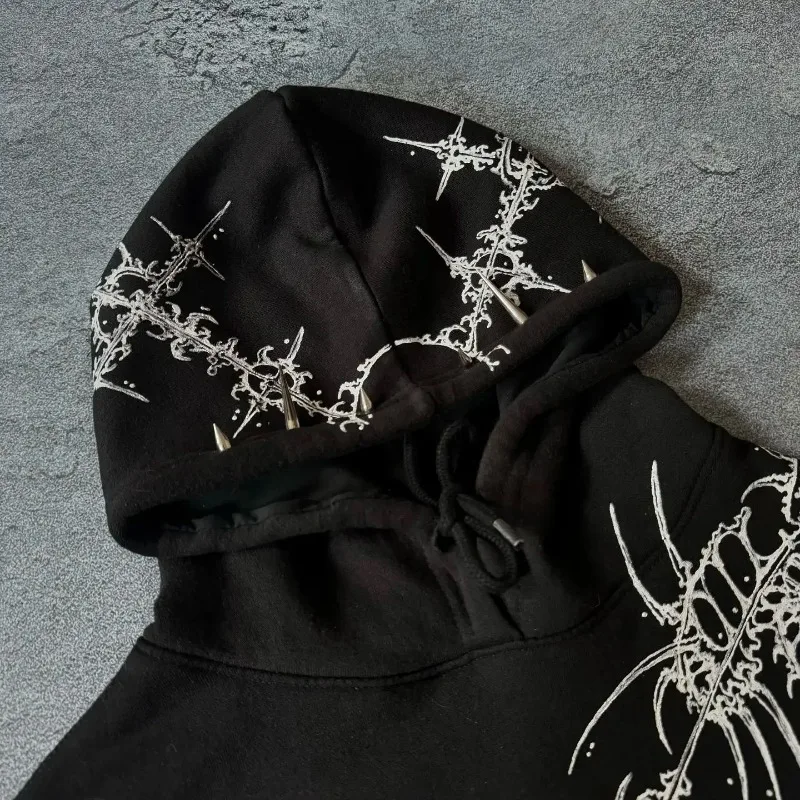 Dark Gothic geometric pattern printed oversized pullover hoodies women Y2K street hip-hop rock trend couple versatile sweatshirt 4