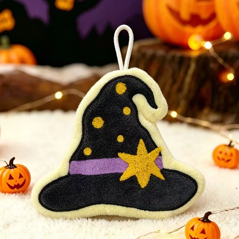 Black Cat Cartoon Hand Towel - Soft & Absorbent Coral Fleece for Kids - Halloween Pumpkin Design for Bathroom & Kitchen Use