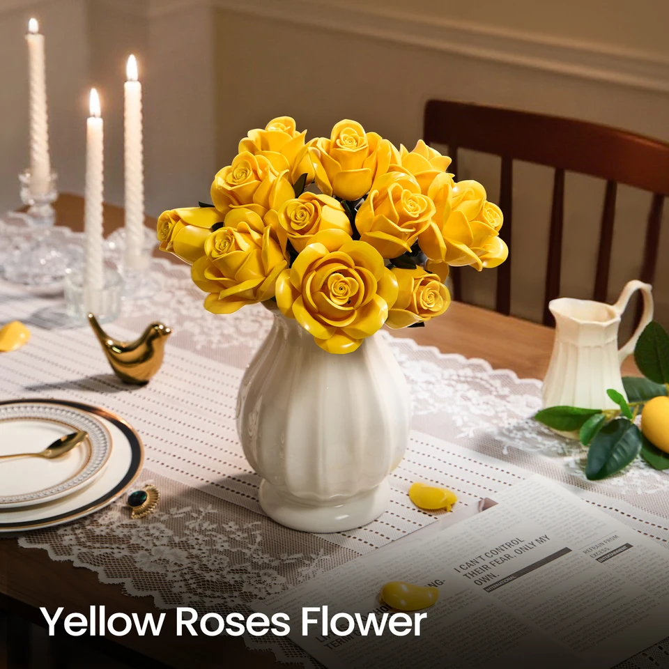 Gelber Blumenstrauß Baustein-Rosen-Kunstblumen-Bausatz, botanische Kollektion, Heimdekoration, Weihnachten_voghion.com