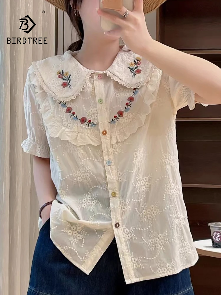 

New Spring Cotton Casual Shirts Women Peter Pan Collar Embroidery Blouses Girl Short Sleeve Sweet OL Tops 2024 Summer T454109QC