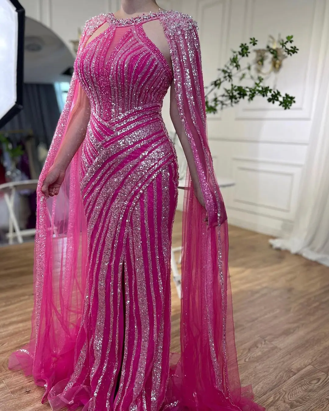 S6821207d0e654969a7929175b8e6f0bbX Lilac Cape Sleeves Mermaid Luxury Beaded Evening Dresses Open Split Wedding Party Gowns For Women Mallzona