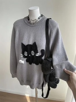 Gray Cute Cat O-neck Knit Elegant Pullover Woman 2024 Winter Design Harajuku Tops Feamale Y2k Long Sleeve Retro Sweaters Mujer 1