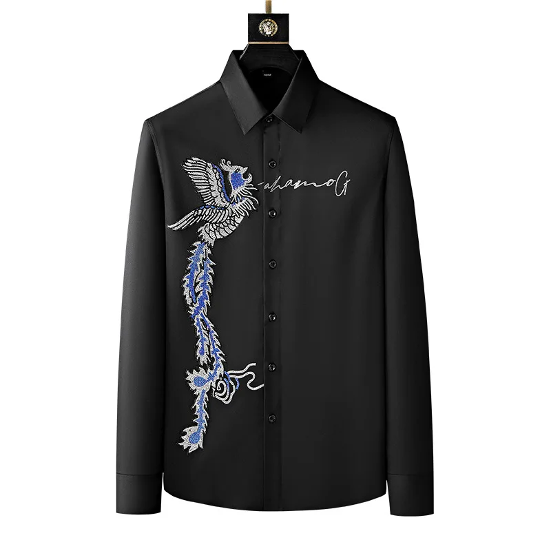 

Spring High Quality Men Long Sleeve Shirts For Man Turn Down Fashion Casual Black Print Tops