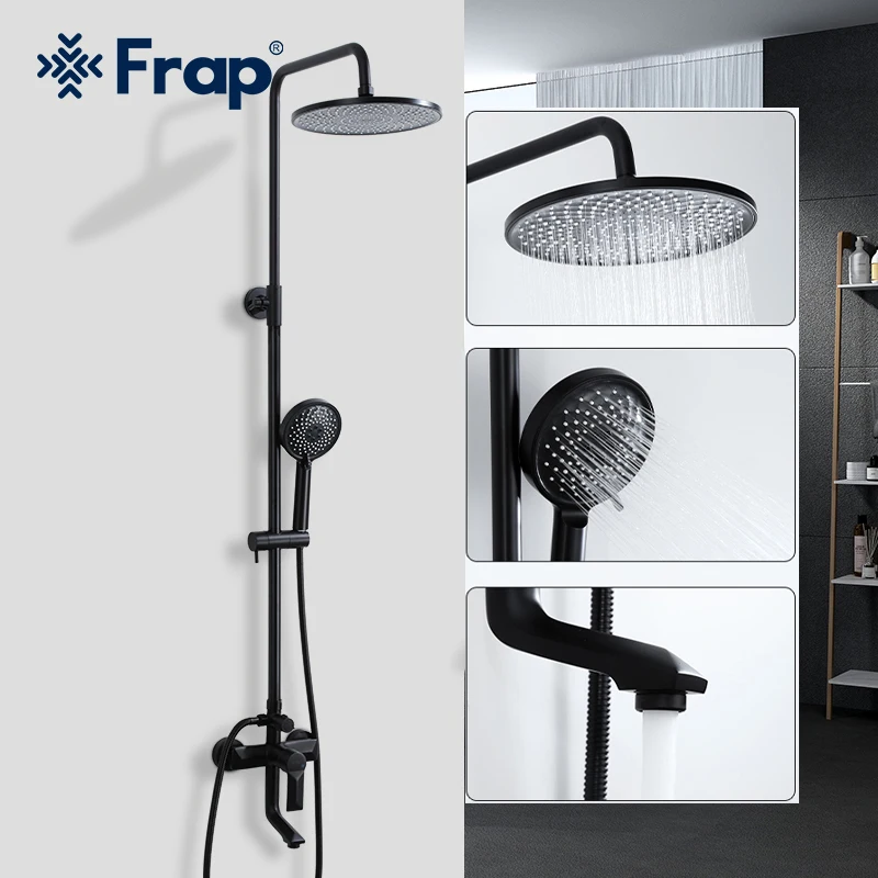 FRAP Black Shower Faucet Set Rainfall Bathroom Faucet Wall Mounted Bathtub Shower Systems Cold Hot Water Mixer Tap