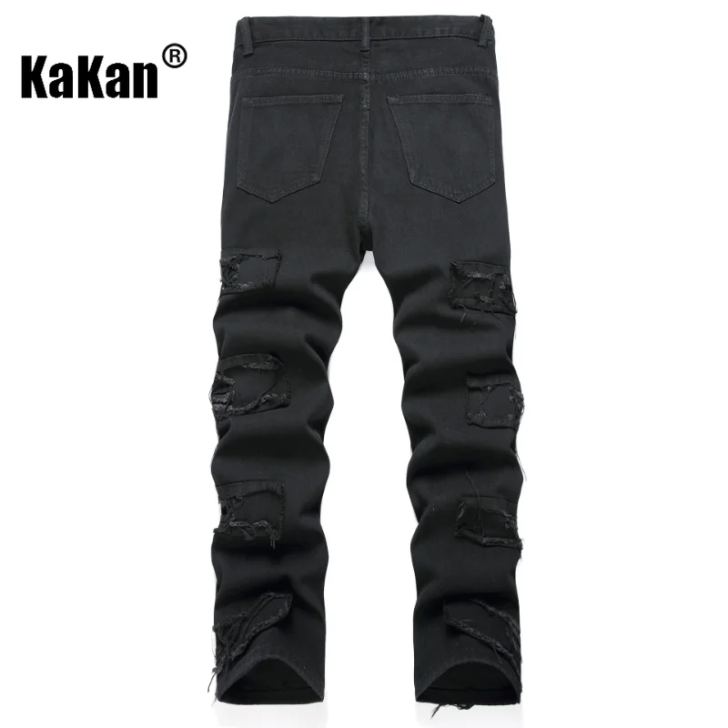 Kakan - European and American New Casual Slim Fit Small Foot Elastic Straight Leg Jeans for Men, Black Scratched Long Jeans9-010