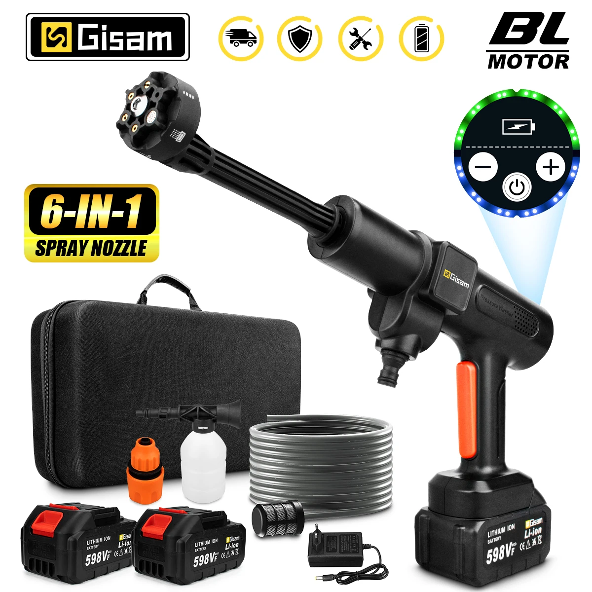 Gisam 200BAR 6-in-1 Brushless Cordless High Pressure Car Washer Rechargeable Lithium Battery Car Cleaning Washer Spray Water Gu