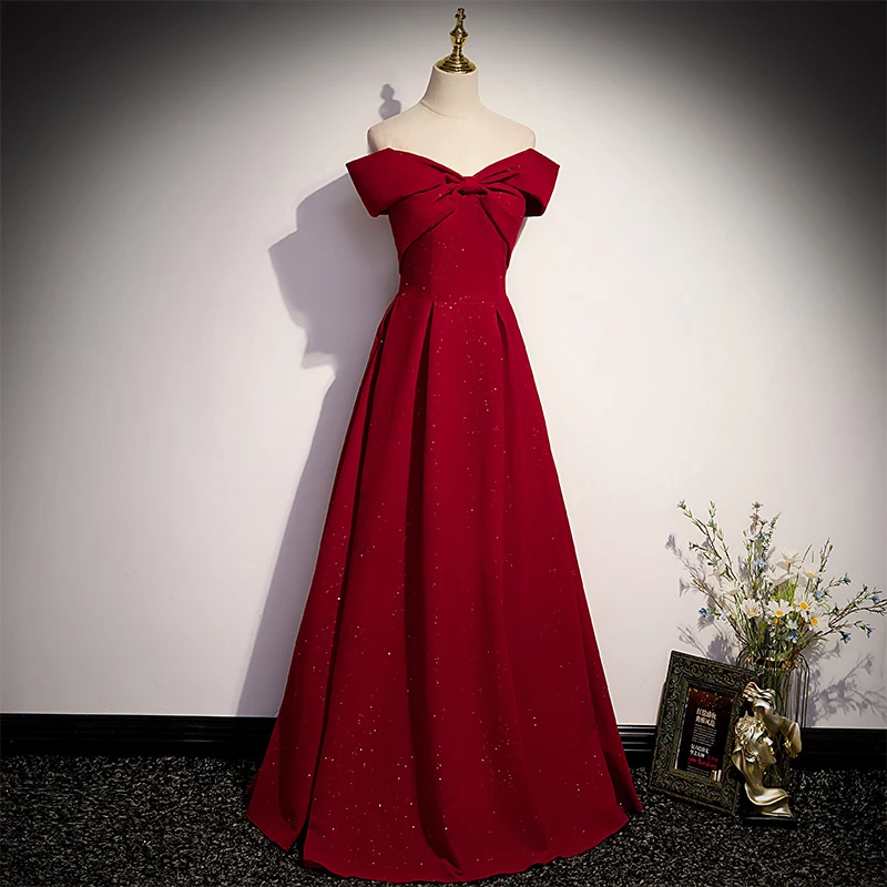 Burgundy Simple Evening Dress Sequins Boat Neck Elegant Lace Up Floor Length A-Line Satin Plus Size Women party Dresses B2422