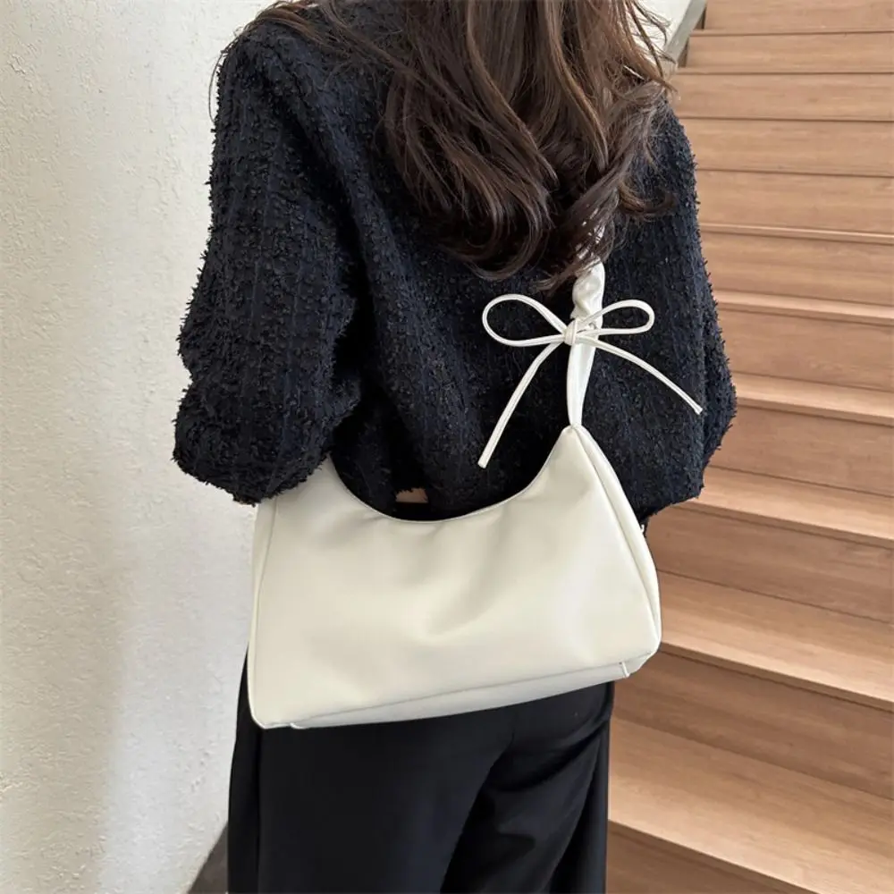 

Ruffle Bowknot Shoulder Bag Handbag Y2k Style PU Leather Bow Tote Bag Message Bag Dumpling Bag Ins Half-moon Underarm Bag