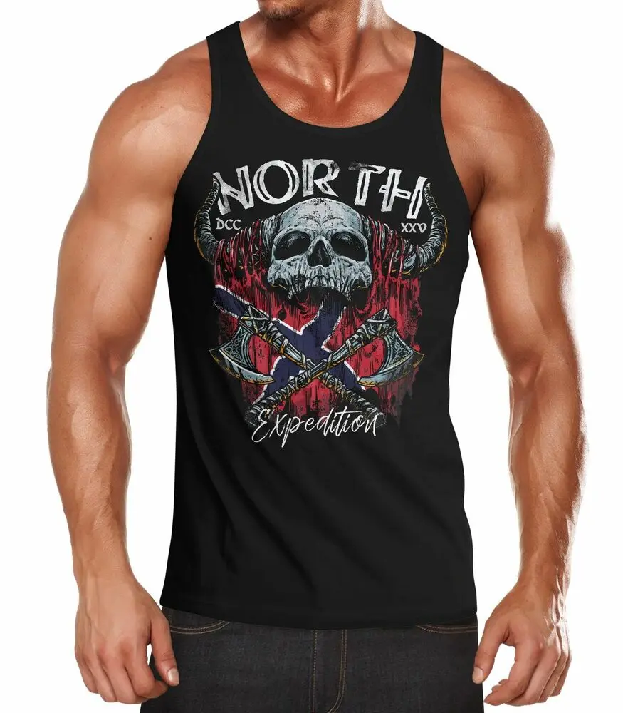 

Distressed Norway Flag Nordic Viking Skull Print Muscle Tank Top 100% Cotton O-Neck Outdoor Leisure Men's Vest