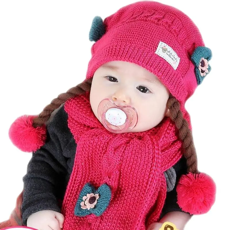 Doitbest False braids Child Knitted hats winter two flowers 2 pcs baby girl scarf hat set Age for 6 months-3 Years Old MZ4188