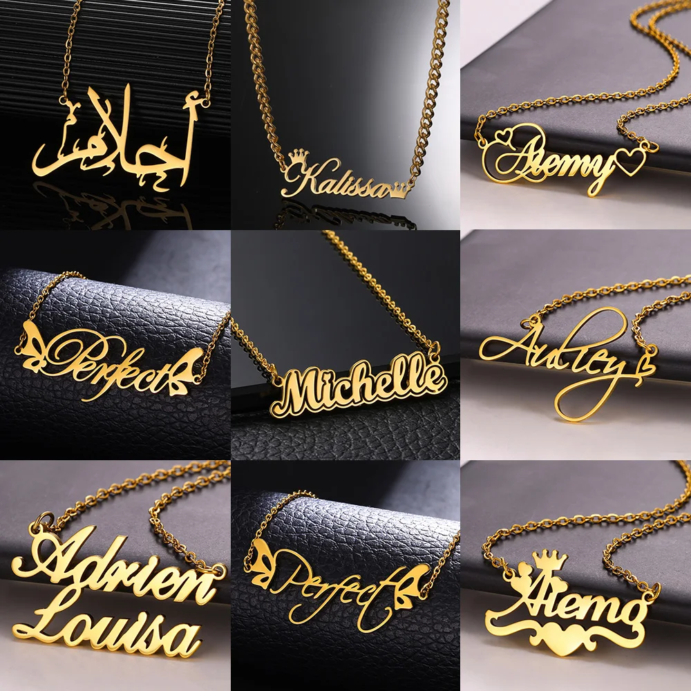 

Custom Name Necklace For Women Gold Color Stainless Steel Necklace Personality Nameplate With Heart Ribbon Jewelry Gift