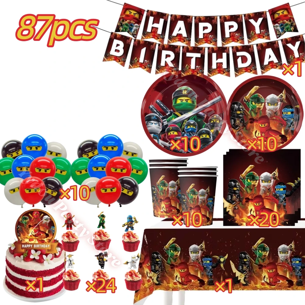 Geburtstagsparty-Dekorationsset: Ninjato-Becher, Teller, Banner, Schlüsselanhänger, Luftballons für Jungen, Kindergeburtstag, Babyparty, Fotokabinen-Requisiten – Detail 10