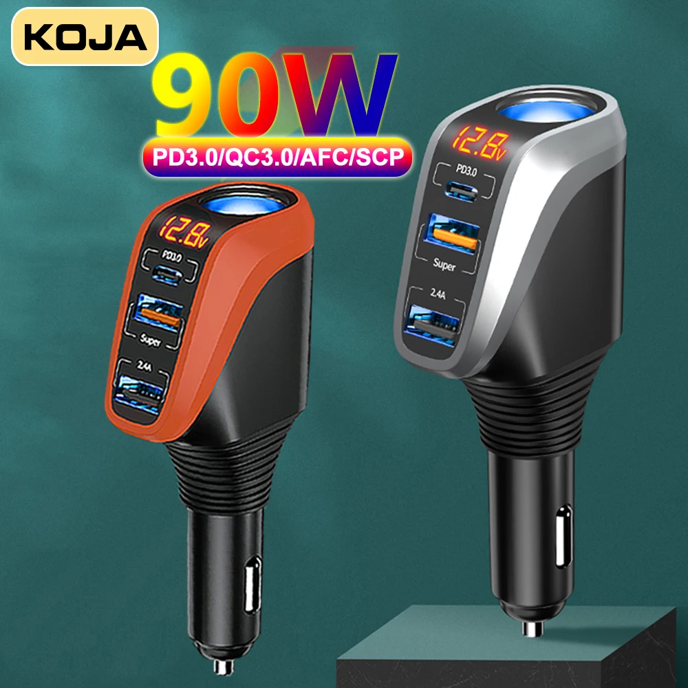 

90W Fast Car Charger Cigarette Socket USB Type C Charging Socket Splitter Type-C PD20W USB 66W For IPhone Xiaomi HUAWEI Phone
