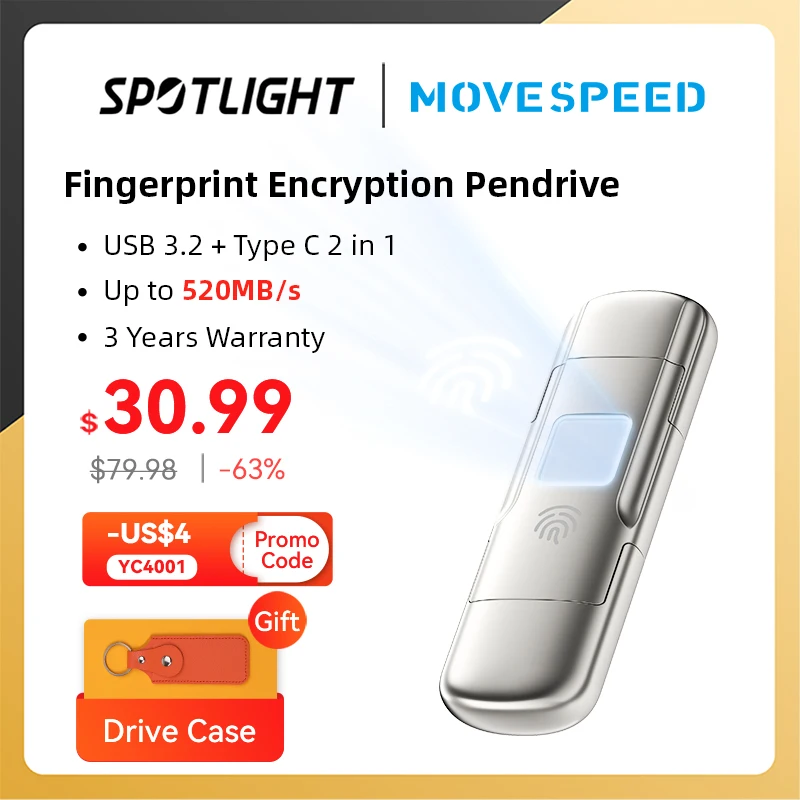  MOVESPEED USB3.2 Solid State Pendrive AES256 & Fingerprint Encryption 520MB/s USB Type C Gen 2 Flash Drive 1TB 512GB 256GB 128GB 
