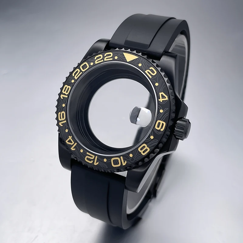 All-Black Sub Style Watch Case with Rubber Strap and Sapphire Crystal