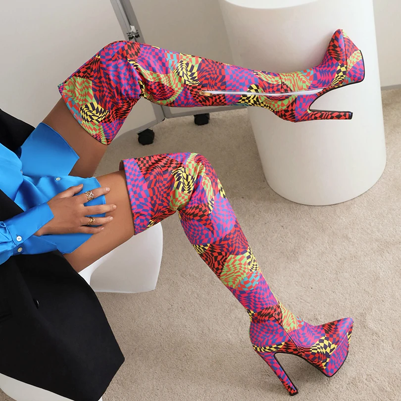 Zebra Patterned Microfiber Pointed Toe Performance Long Boots Patent Leather Platform Personalized Warmth Over The Knee Boots