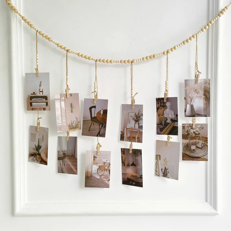 Hanging Photo Display with Log Color Wooden Bead String Photo Storage Tassel String Hemp Rope Bead Clip Home Decoration hanging photo display