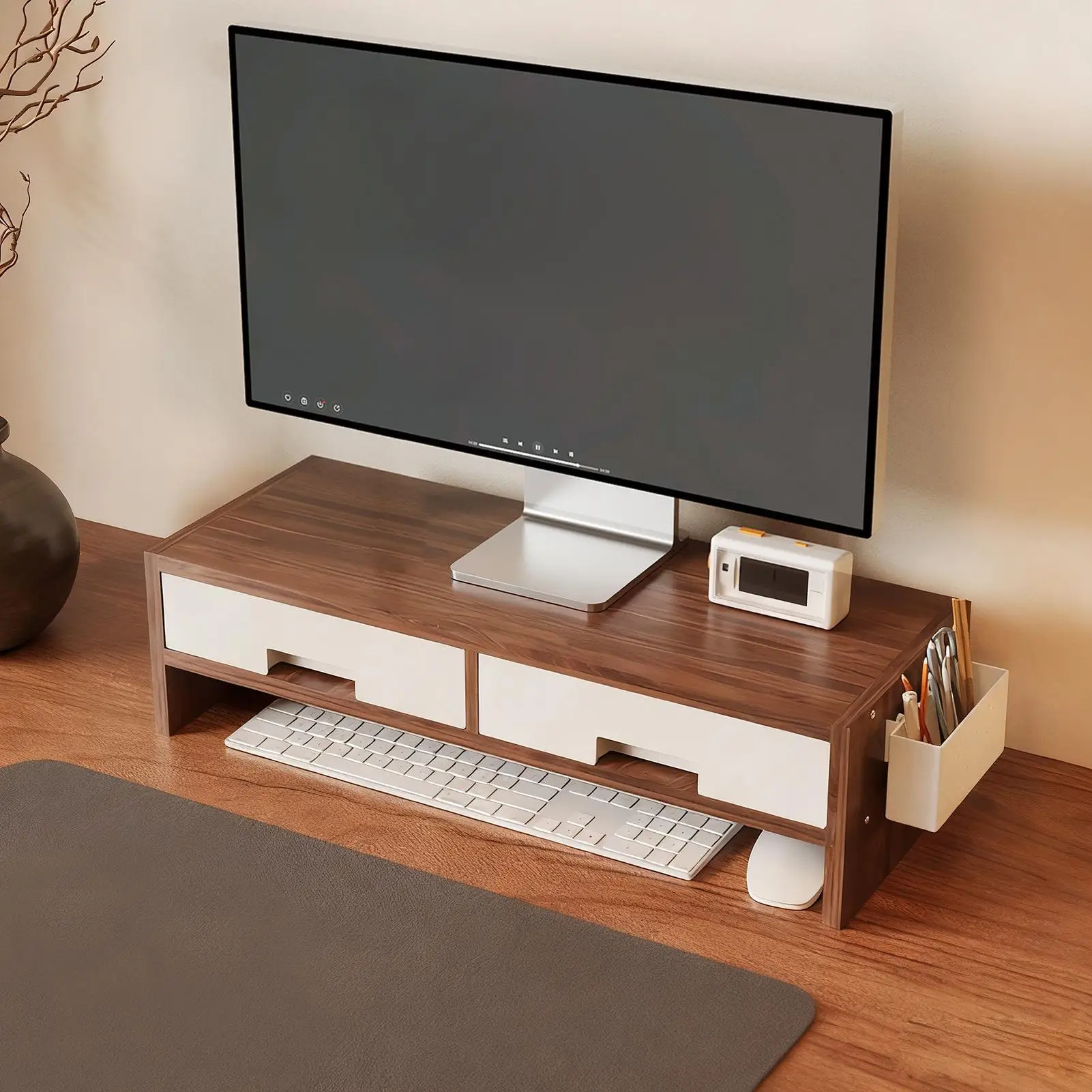 Supporto per monitor da scrivania Riser Doppio cassetto Organizzatore ergonomico Riser per monitor da scrivania per computer per amici di famiglia Uffici domestici per interni - immagine 2