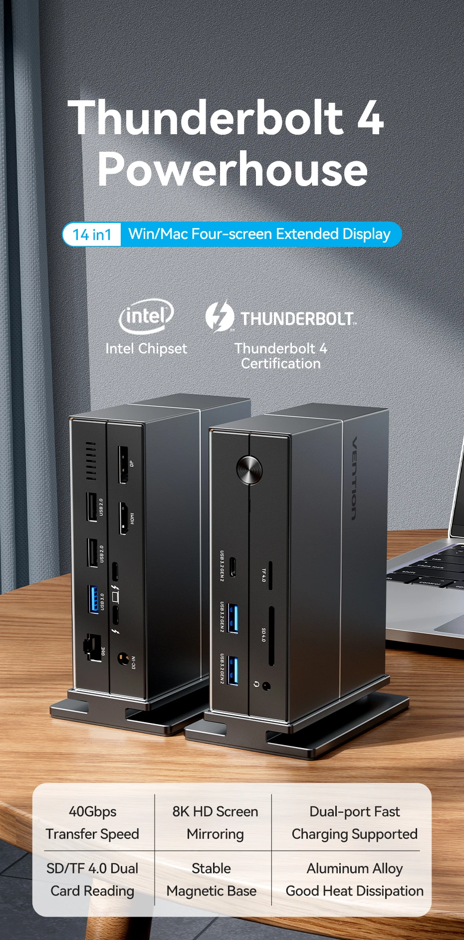 Thunderbolt 4 Dock, USB C Hub 14-Port 8K@30Hz Multifunctional USB HUB Docking St
