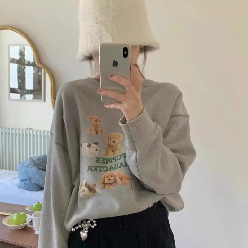

Korean East Gate Cute Animal Print Hoodies High Quality Ormoment Plush Hoodie For Women Kawaii Loose Fitting Doll Print Pullover