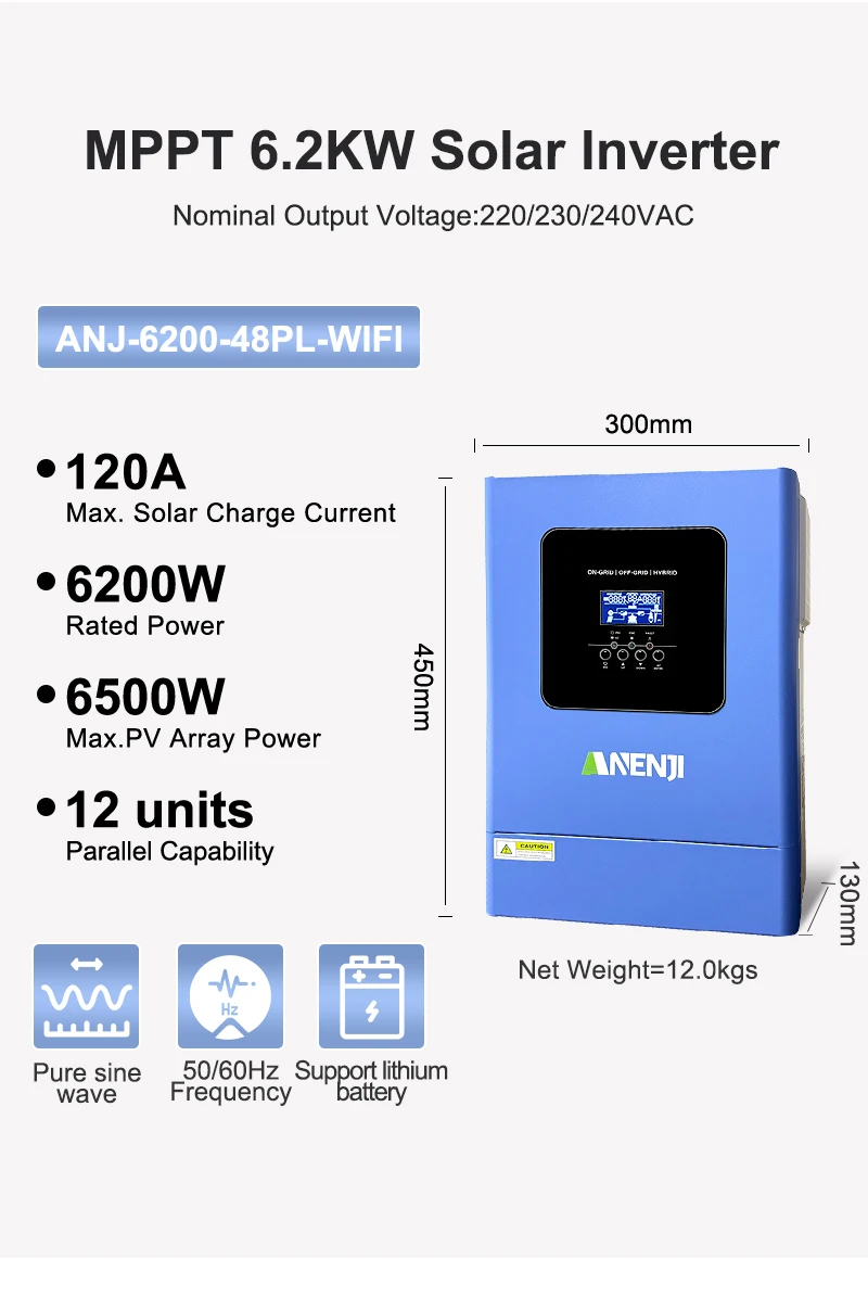6.2KW parallel solar inverter pure sine off grid+grid connected solar inverter C