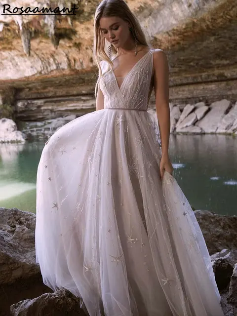 Robe de mariée style Boho, col en v, paillettes, cristal, étoiles