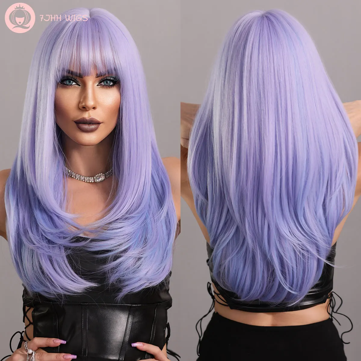 7JHH WIGS Light Purple Synthetic Wig with Bangs Natural Long Lavender Wigs for Women Daily Party Heat Resistant Fiber