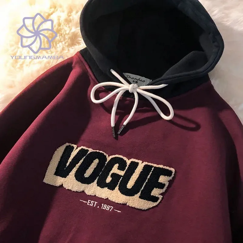 

Женские толстовки в американском стиле ретро с вышивкой осень-зима 2023 теплый плюшевый плотный пуловер для пары Женский свитшот