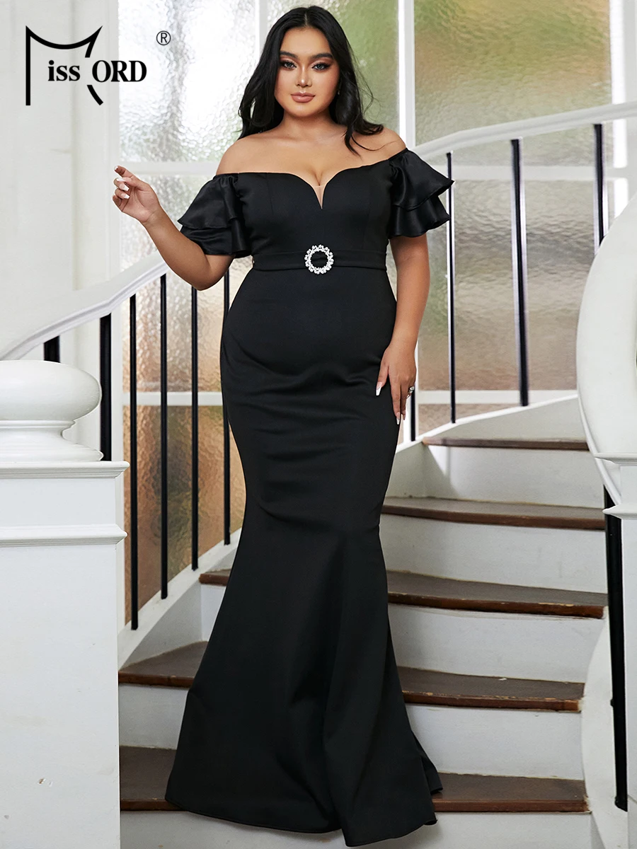 

Missord Black Plus Size Mermaid Evening Dress Elegant Women Off Shoulder Butterfly Sleeve Belt Bodycon Party Prom Dresses Gown